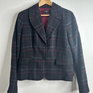Talbots‎ Blazer Jacket Womens 14 Black Red Plaid Wool Blend Preppy Academia